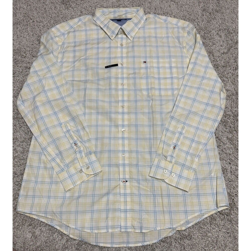 NWT Tommy Hilfiger Shirt Men's XXL Yellow Blue Plaid Button Down Long Sleeve